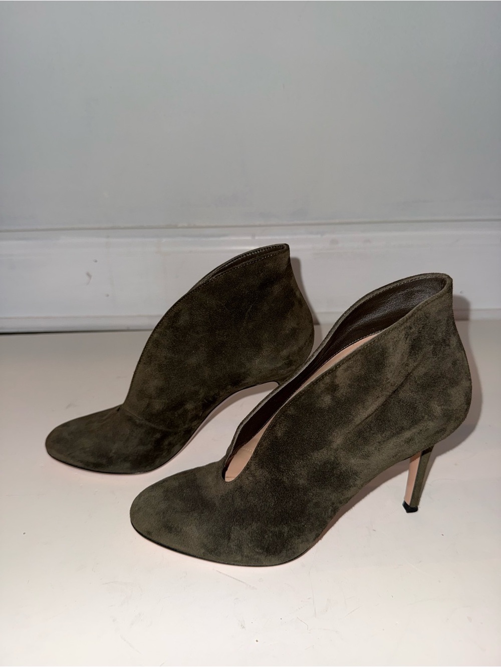 Gianvito Rossi Olive Suede V-Cut Stiletto Booties